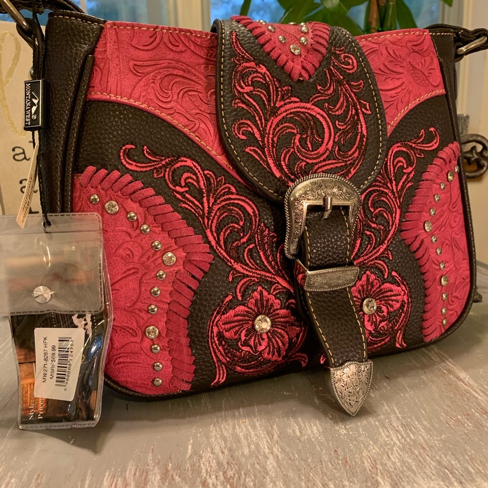 Montana West pink dark brown buckle and rhinestone crossbody NWT